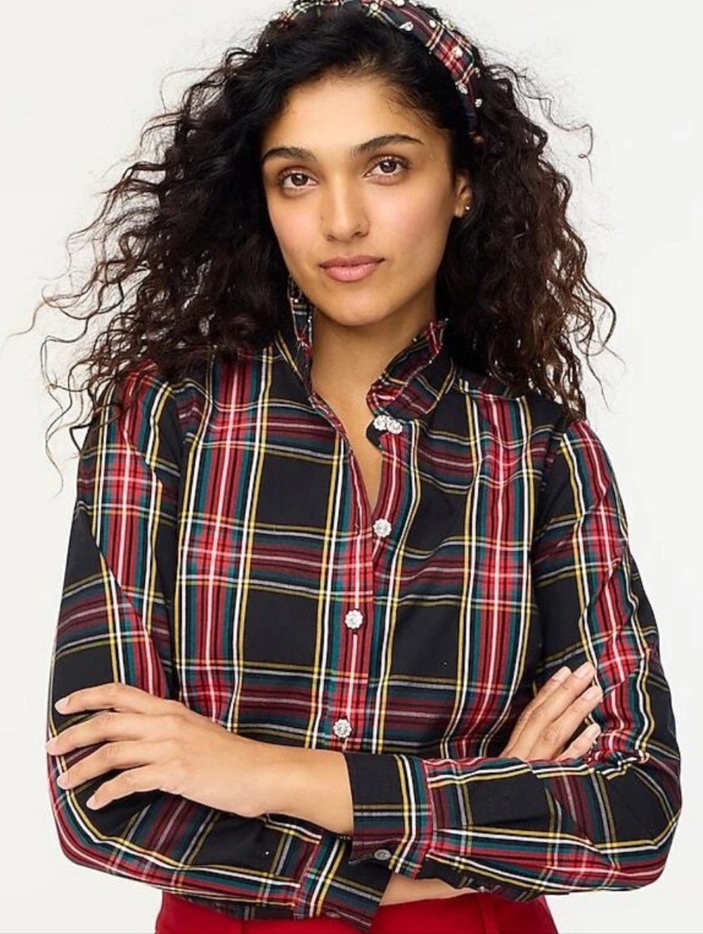 Stewart Tartan Plaid Jeweled Ruffled Collar Shirt 2X